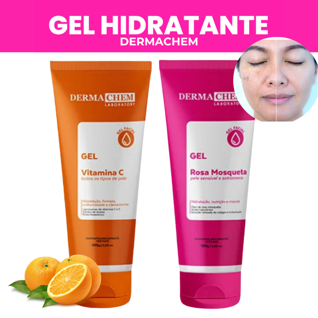 Kit Gel Clareador Hidratante Facial Rosa mosqueta Vitamina C Skin Care limpeza de pele Dermachem