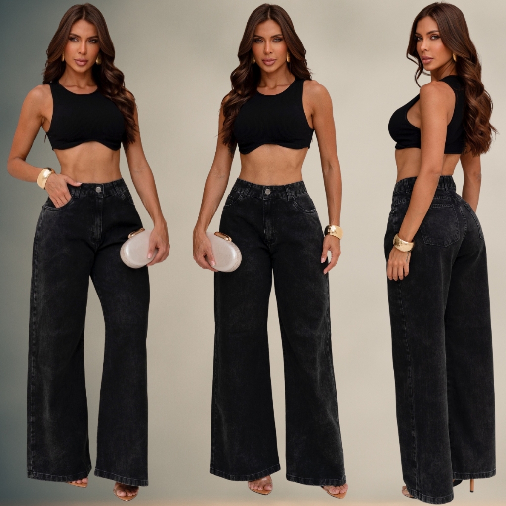 Calça Wide Leg Jeans Feminina Cintura Alta 100% Algodão Modeladora Premium Casual Modelagem Oversized