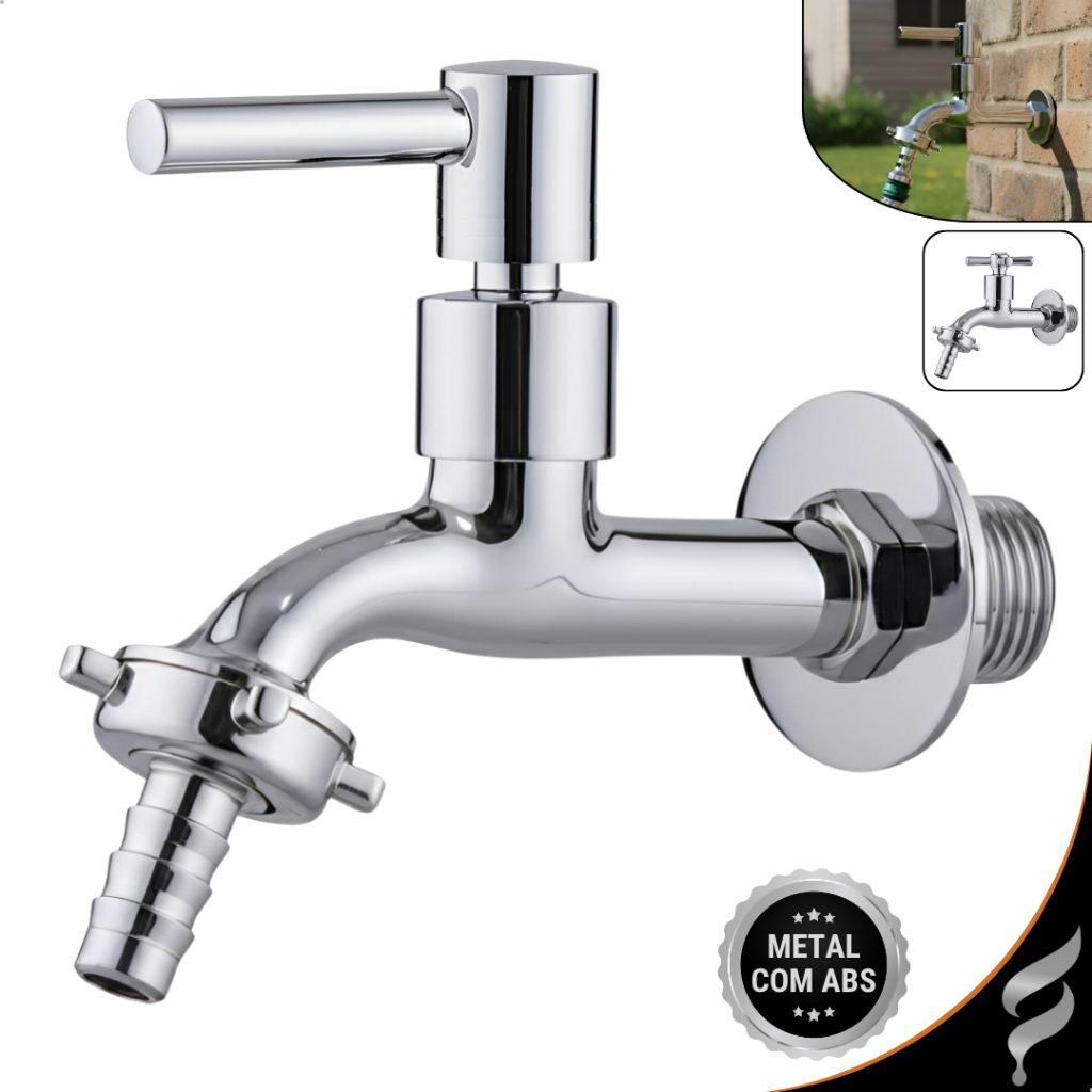 Torneira Para Tanque Jardim Área Externa Em Metal Cromado 1/4 De Volta Parede Lu