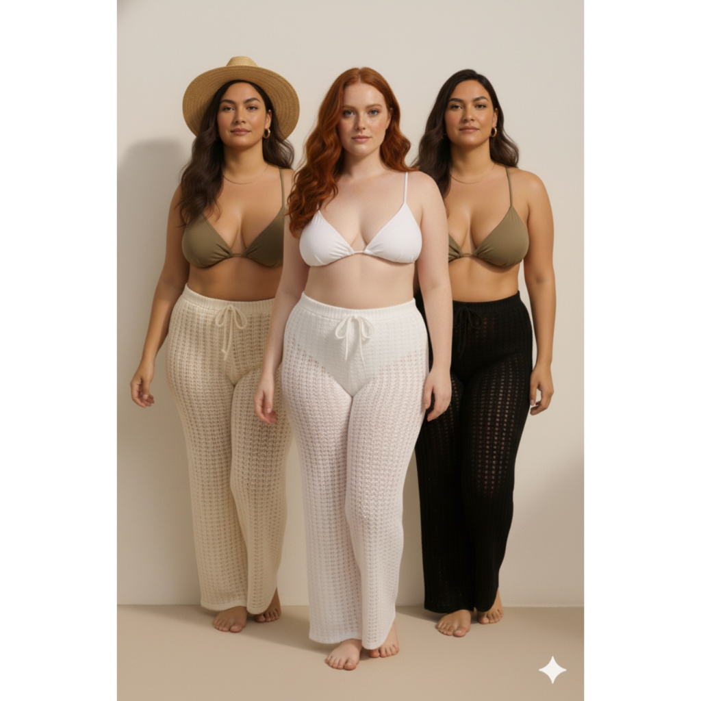 Calça Saída de Praia Crochê Feminina Slim & Plus Size Leve, Fresca e Confortável Moda Verão 26 Praia Piscina