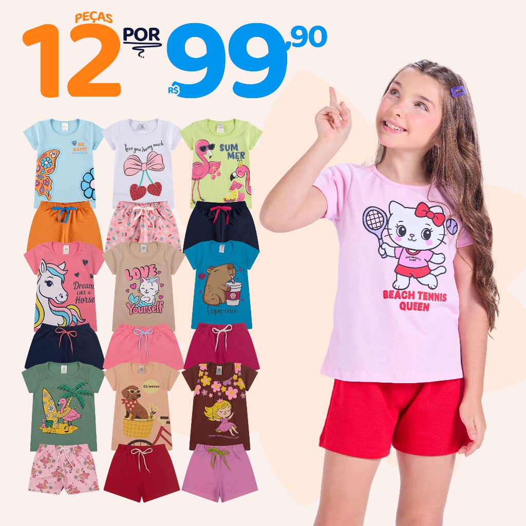 Kit Sortido 12 Peças de Roupas Juvenil Menina - 6 Camisetas + 6 Bermudas - Kit com 6 Conjunto de Verão Feminino Juvenil