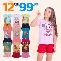 Kit Sortido 12 Peças de Roupas Juvenil Menina - 6 Camisetas + 6 Bermudas - Kit com 6 Conjunto de Verão Feminino Juvenil