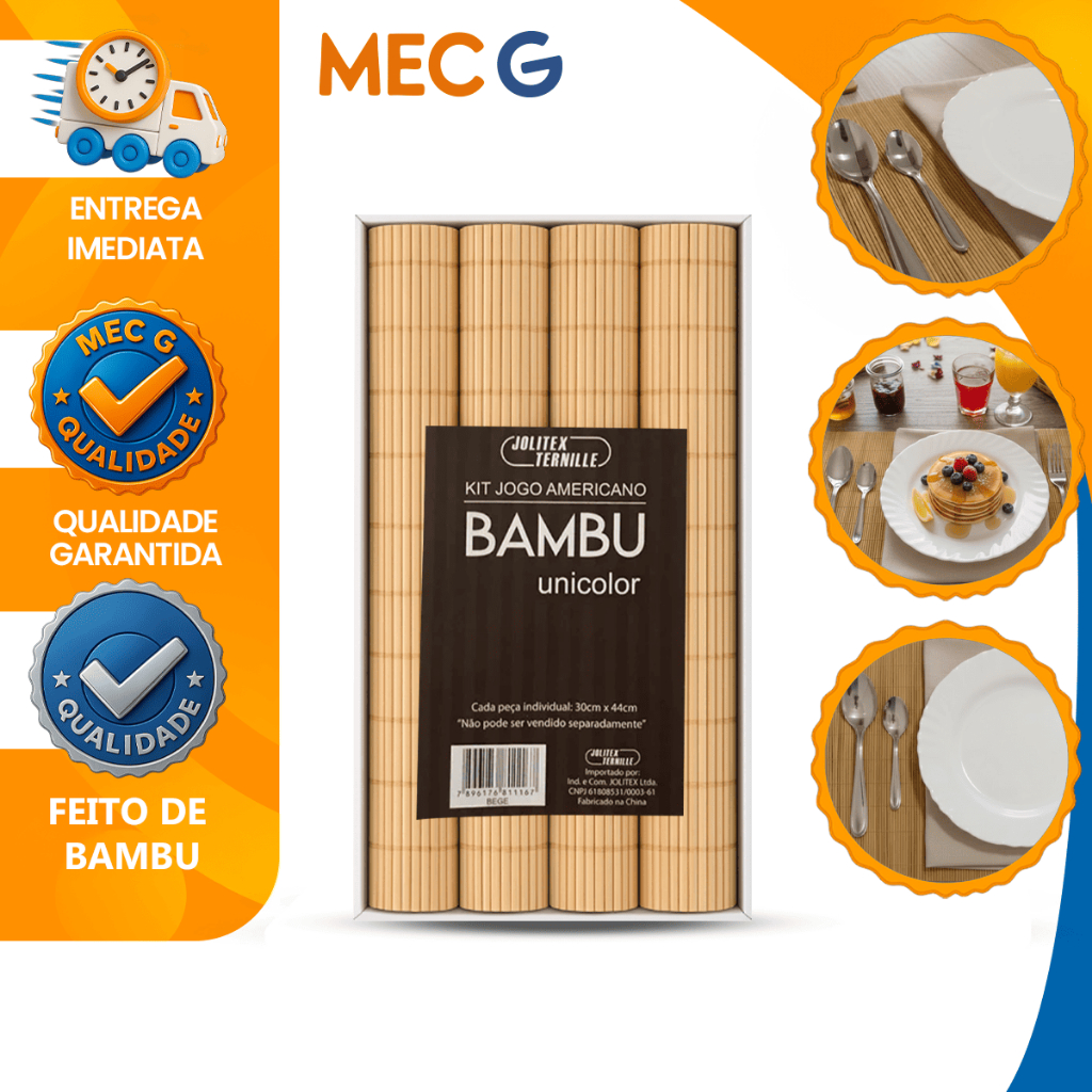 Jogo Americano Bambu de Mesa Posta Kit 4 Peças Retangular 30x44cm Sousplat Fácil de Limpar Jolitex