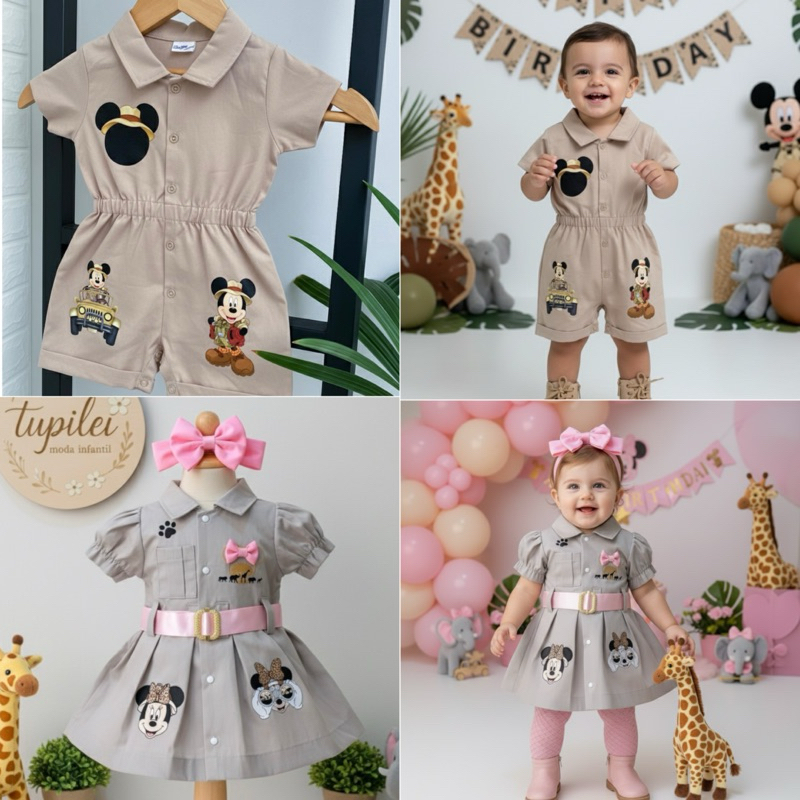 Roupa Mickey Minnie Safari vestido macacao rosa Infantil mine minie mouse disney caçador miquei