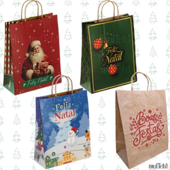 Sacolas de Presente Papel Kraft Natal Panetone 500g Vinho Papai Noel Rena Reforçada Grande