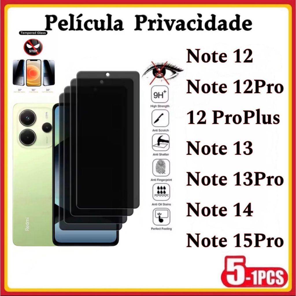 Película Privacidade 3D Vidro Temperado Anti Spy XIAOMI Redmi Note 15Pro Note 14 Note 13 13Pro Note 12 12Pro em Oferta na Shopee