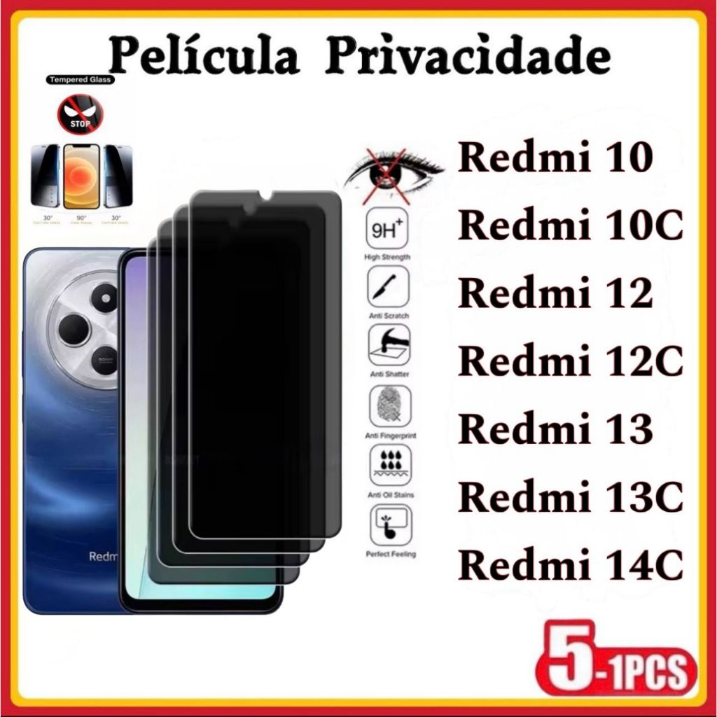 Película Privacidade 3D Vidro Temperado Anti Spy Xiaomi Redmi 14C Redmi 13C 13 12C 12 10C 10Prime em Oferta na Shopee