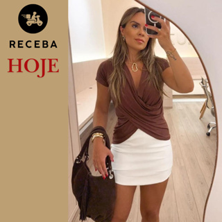 Blusa Transpassada Feminina Amamentação Manga Curta Camiseta Decote V Blusinha Elegante Casual em Oferta na Shopee