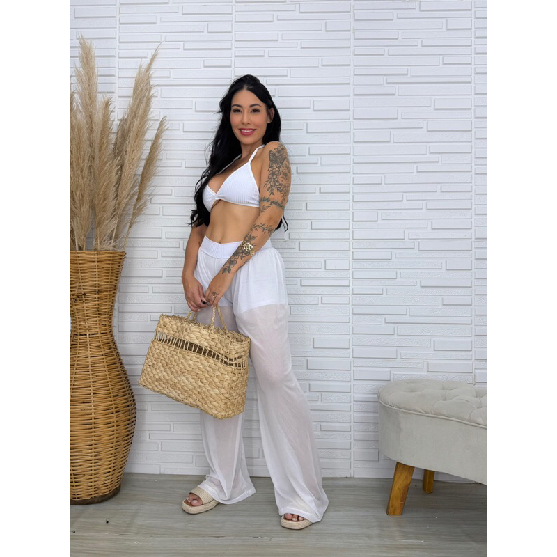 Conjunto 3 pecas Biquíni Luxo Amarração + Calça Tule Estilosa Moda Praia Verão Natal Ano Novo Feminina Marquinha