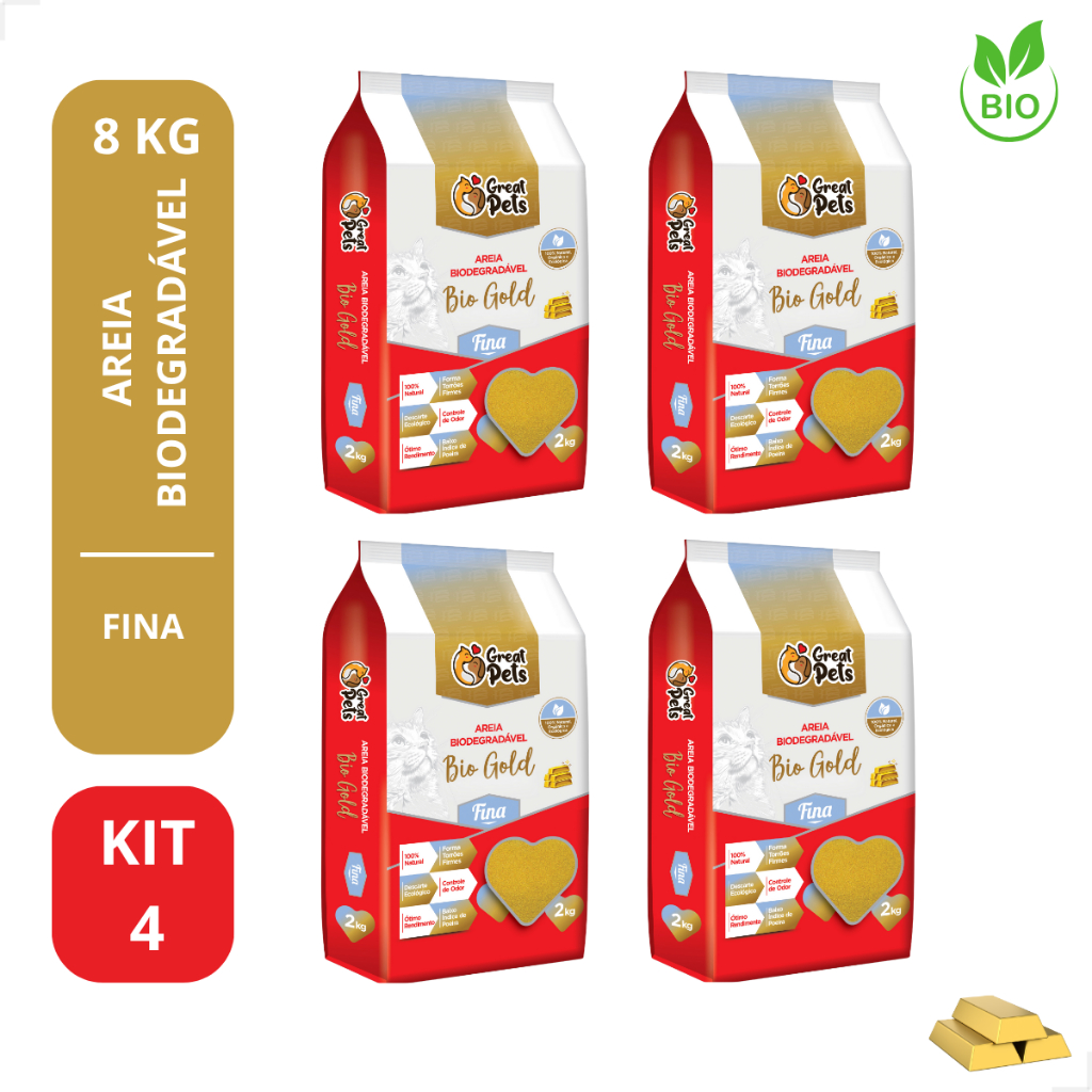 Areia Higiênica Biodegradável Para Gatos Bio Gold de Milho Fina Grossa 8 kg kit com 4 - Great Pets