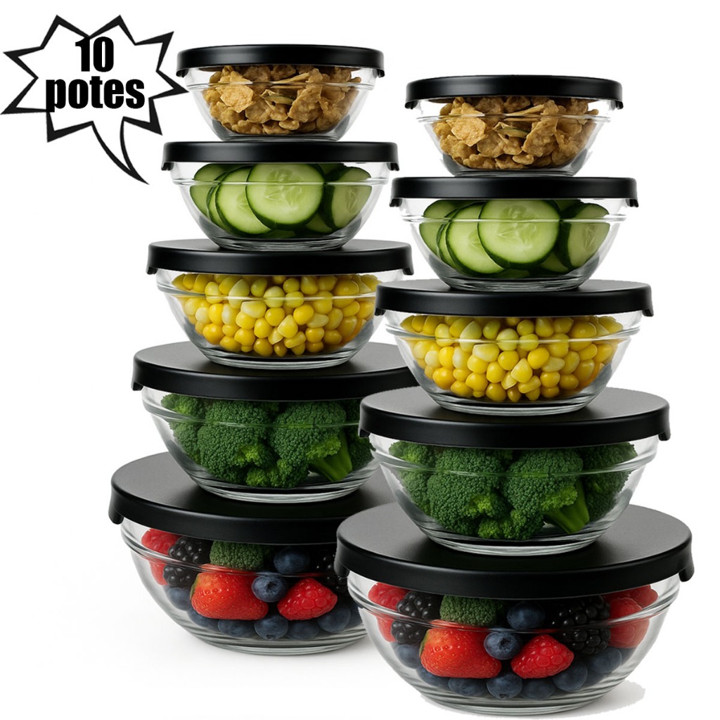 Kit Conjunto De Potes 10 Peças Vidro Tigela  Resistente Organizadores De Cozinha Multiuso