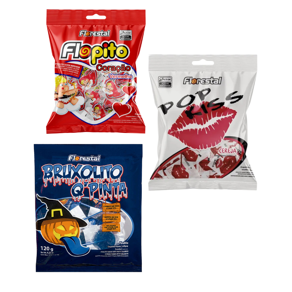 Kit C/3 Pirulitos Florestal Flopito Coração, Bruxolito Pinta Lingua e Pop Kiss Cereja 120g
