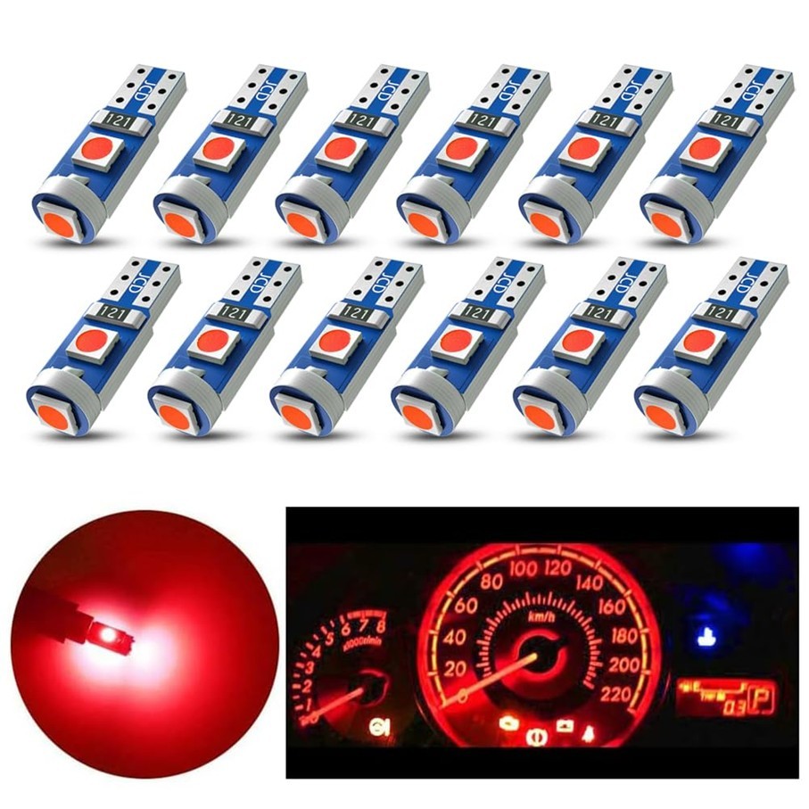 Kit 5 Lâmpadas Led T5 Pinguinho Esmagadinha 12v Vermelho 5w Painel Console Central Câmbio Carro
