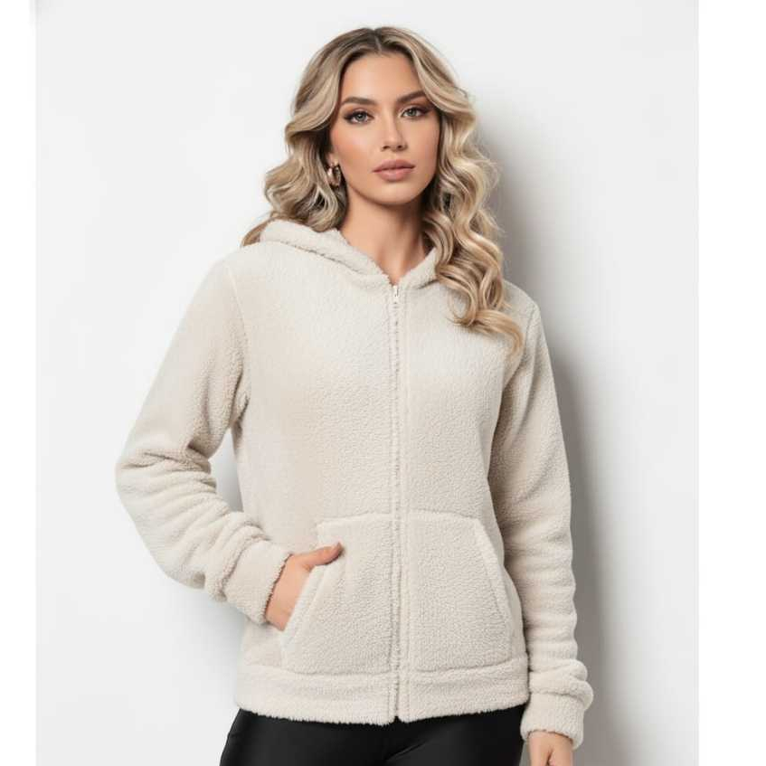 Blusa feminina de frio com zíper e capuz de pelinhos  ultra soft moda 2026