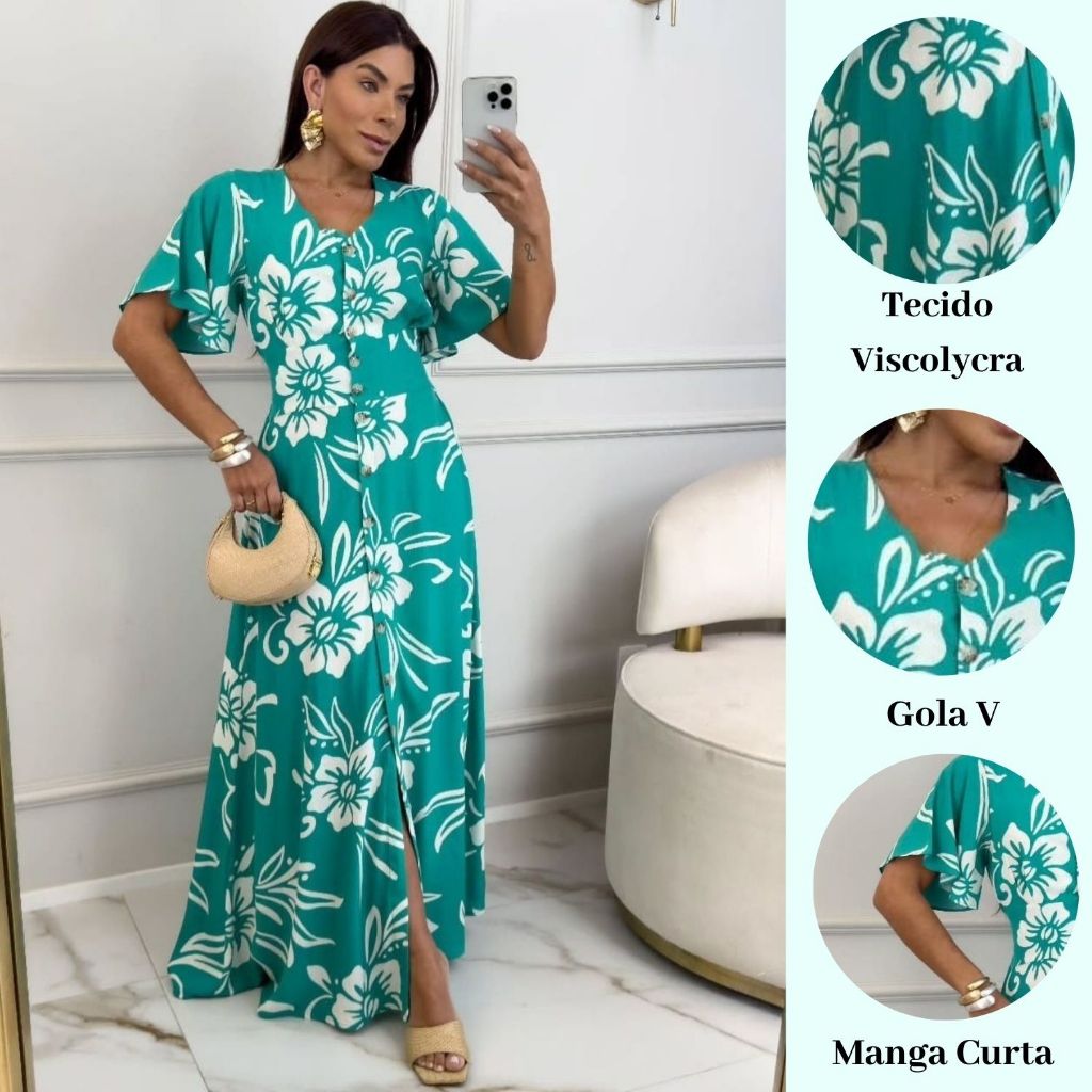Vestido Longo Feminino com Manga Curta feito do Tecido Viscolino Disponível no M G GG Em Varias Cores Lindas em Oferta na Shopee