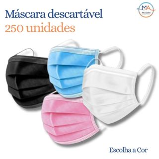 Kit Até 250 Máscara Tripla Camada Com Clipe Nasal Adulto Rosa, Branca, Azul ou Preta em Oferta na Shopee