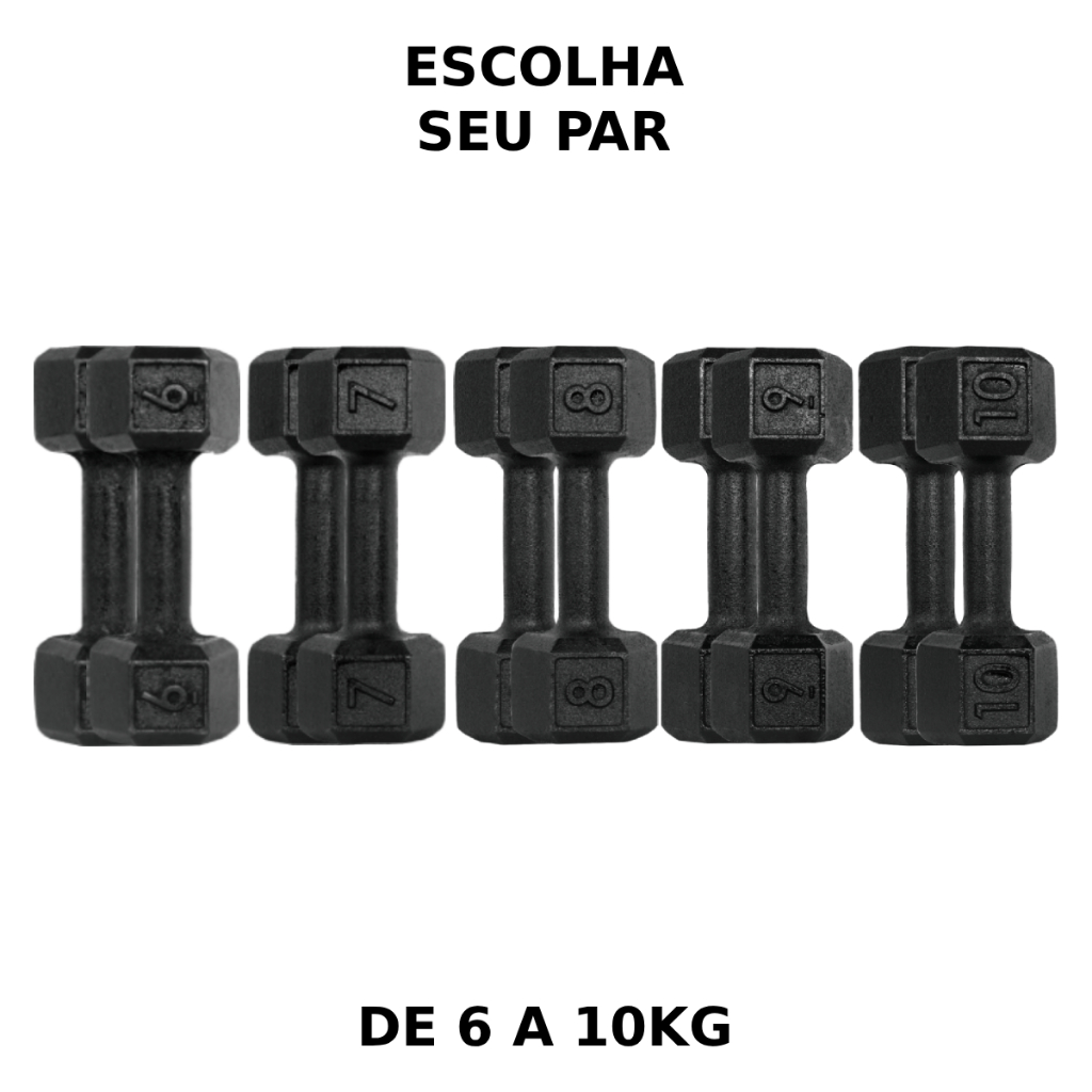 Par de Halter Pintado 6kg a 10kg Sextavado - Peso de Academia Musculação Pesinho Treino Em Casa