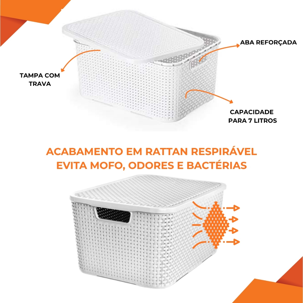 Kit 6 Caixas Cesto Organizadora Rattan 7 Litros Com Tampa Branco — imagem 2 de 2