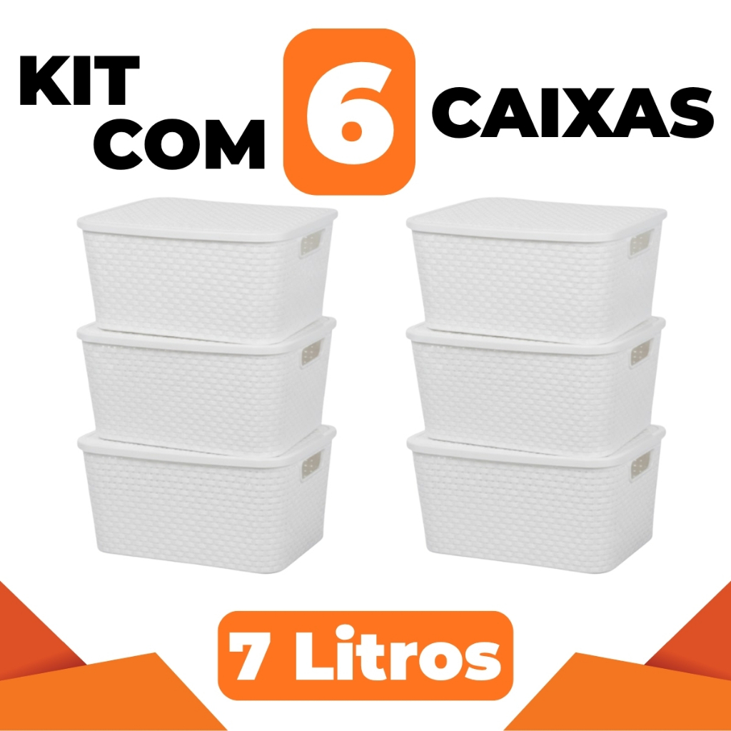 Kit 6 Caixas Cesto Organizadora Rattan 7 Litros Com Tampa Branco
