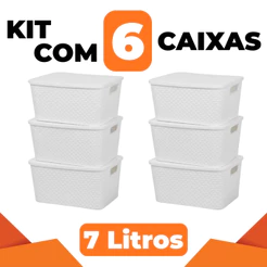 Kit 6 Caixas Cesto Organizadora Rattan 7 Litros Com Tampa Branco