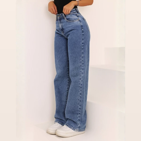 Calça Jeans Feminina Wide Leg Pantalona Premium Cintura Alta