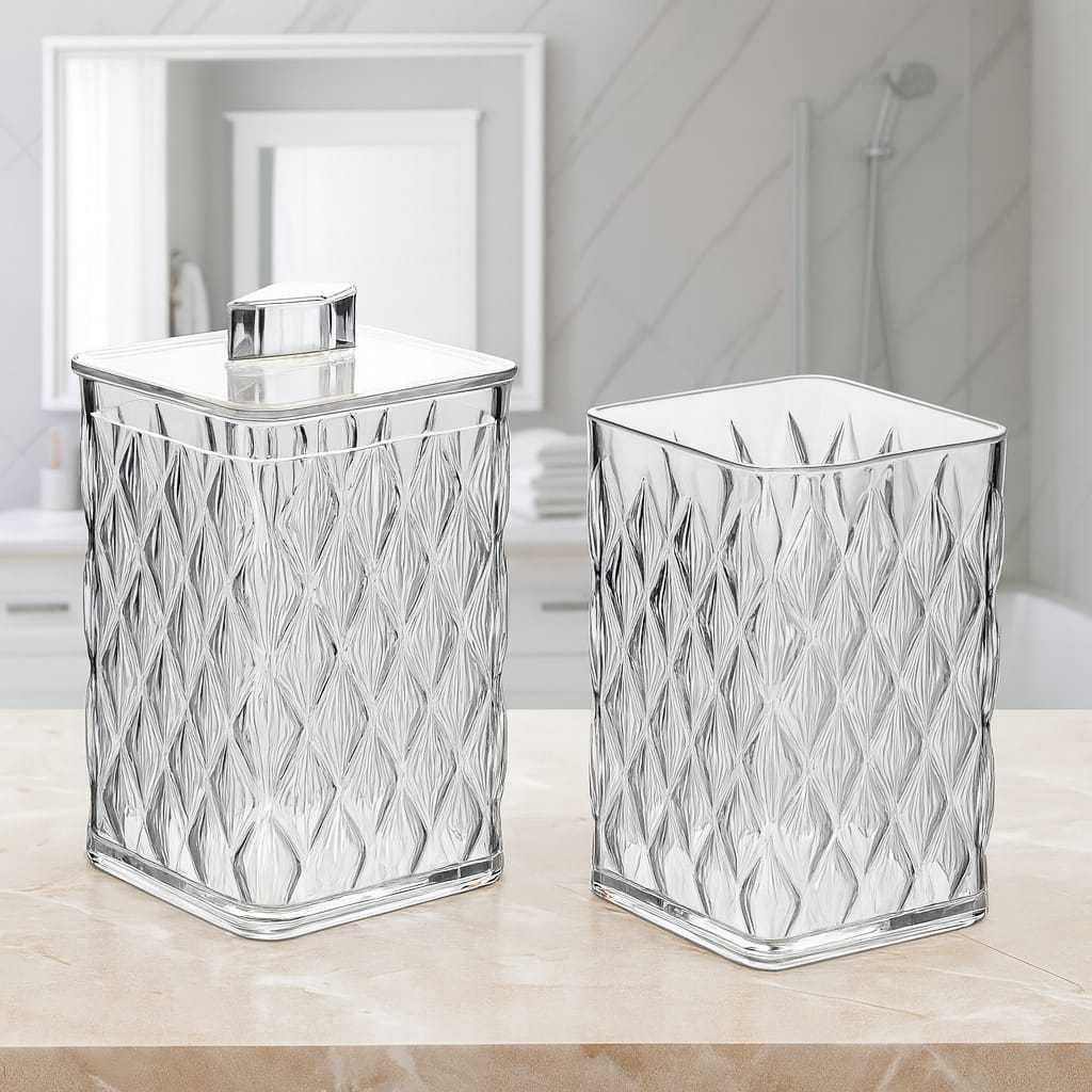 Kit 2 Pecas Banheiro Lavado De Acrilico Porta Cotonetes Algodao E Porta Escova De Dentes Linha Glamour Praticidade