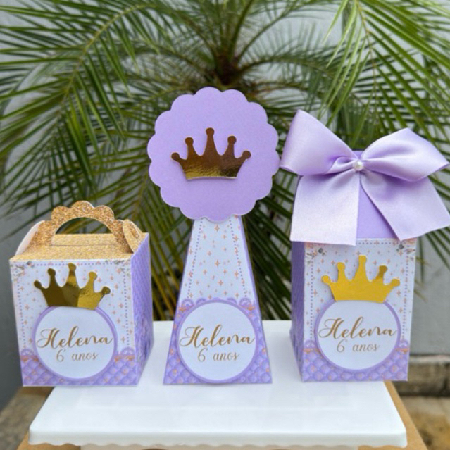 Kit Caixas Personalizadas Princesas Lilás -Pegue e Monte-Lembrancinha Realeza-Decoração de Festa Infantil