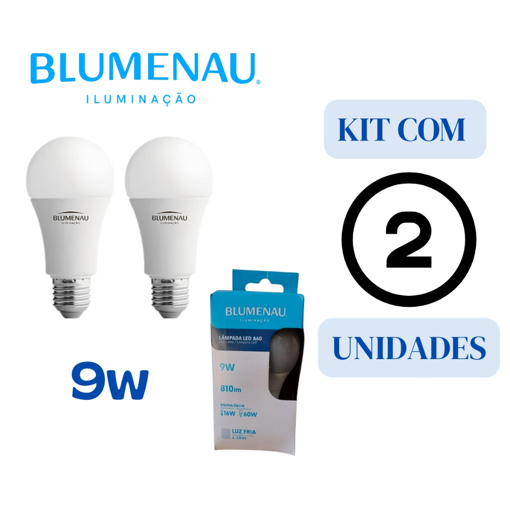 Kit 2 Lâmpada Bulbo LED 9w 6500k Branco Frio Blumenau Bivolt E27