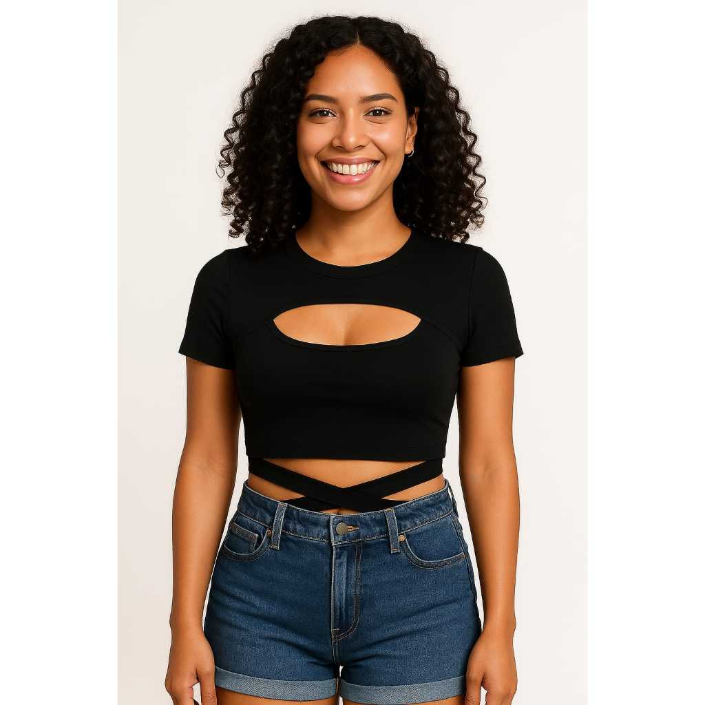 Cropped blusinha feminina malha suplex amaração ,blusinha cropped com manguinha,cropped preto feminino,abertura no busto