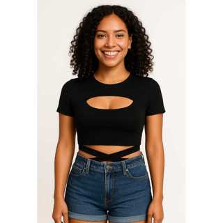 Cropped blusinha feminina malha suplex amaração ,blusinha cropped com manguinha,cropped preto feminino,abertura no busto