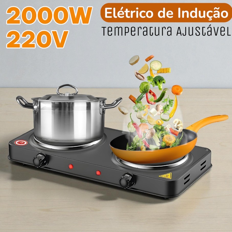 Fogão Fogareiro Elétrico de Indução 220V Portátil 2 Bocas 2000W Cooktop Base em Metal