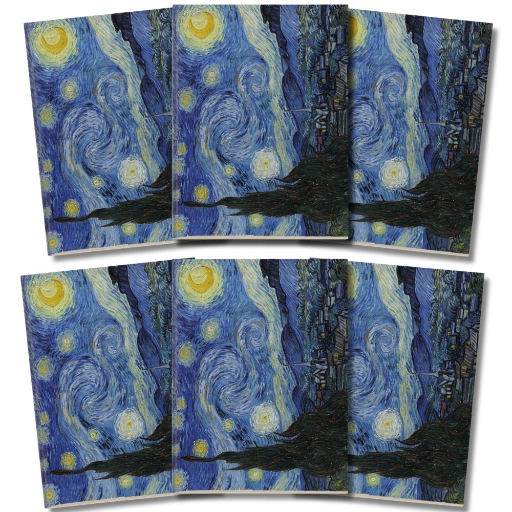Kit 6x Cadernetas Van Gogh Noite Estrelada Capa Flexível 40 Pág Pólen A5