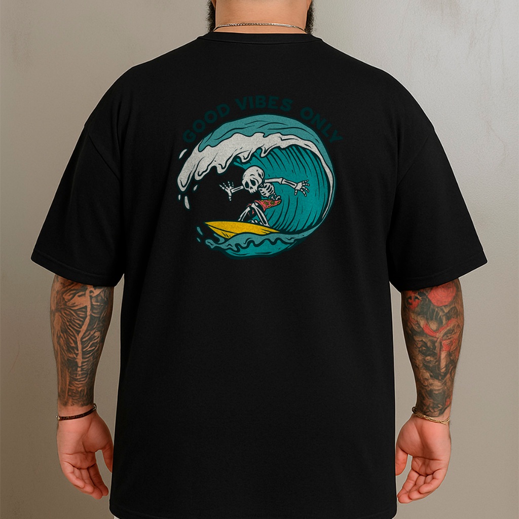 camiseta plus size estampada de algodão penteado masculina caveira surf em Oferta na Shopee