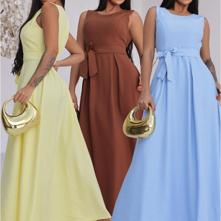 Vestido Feminino Longo Sem Mangas Com Amarração na Frente Rodado Festa Tendencia em Oferta na Shopee