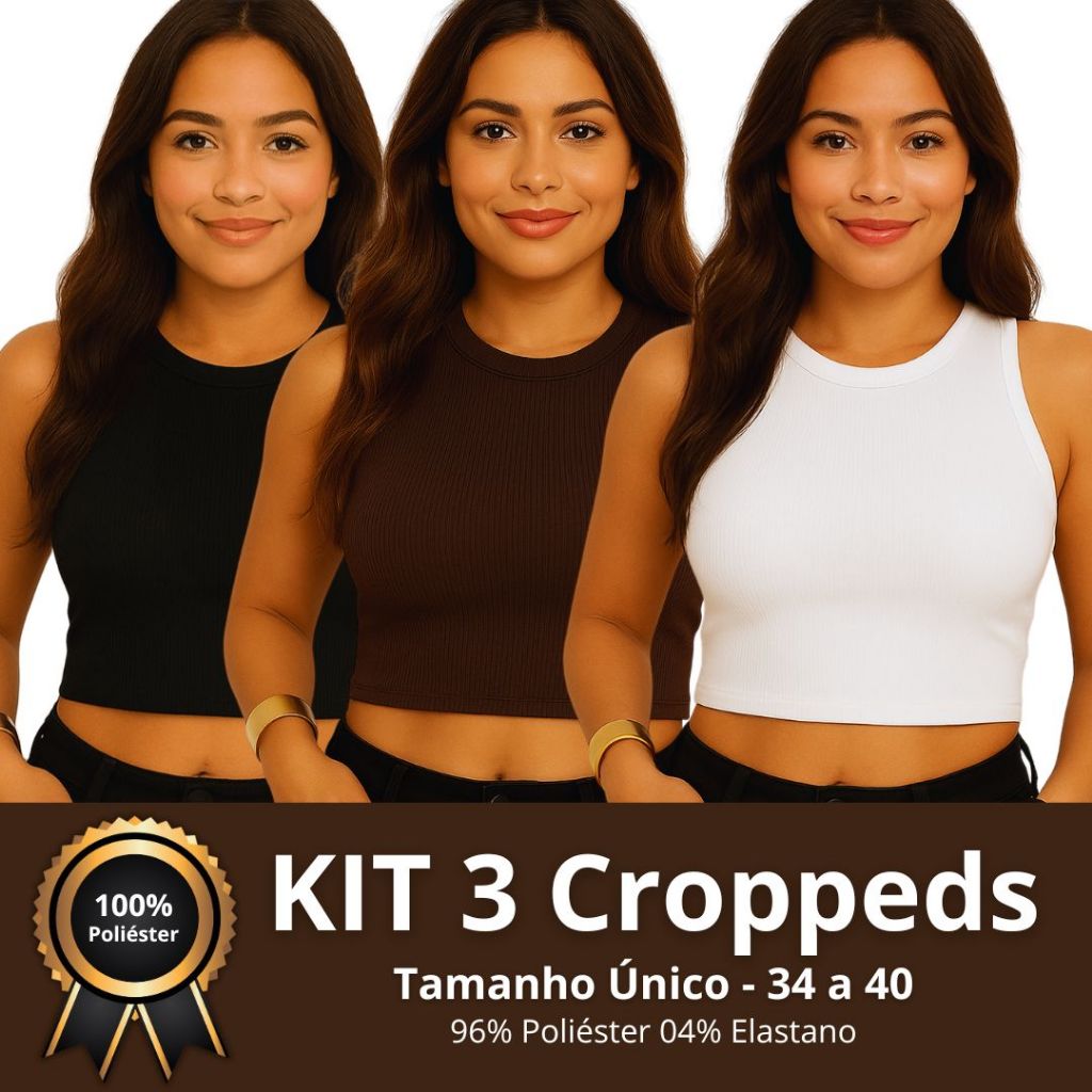 kit 3 Cropped Feminino Canelado Liso Blusa Básica Regata Casual Slim Gola Redonda em Malha Poliéster