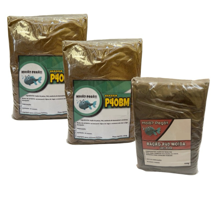 Massa para Pesca P40 Banana com Mel Moiô Pegô + Ração Moída 500g Tilápia, Tambaqui, Pacu, Carpas. Kit massa para pesca
