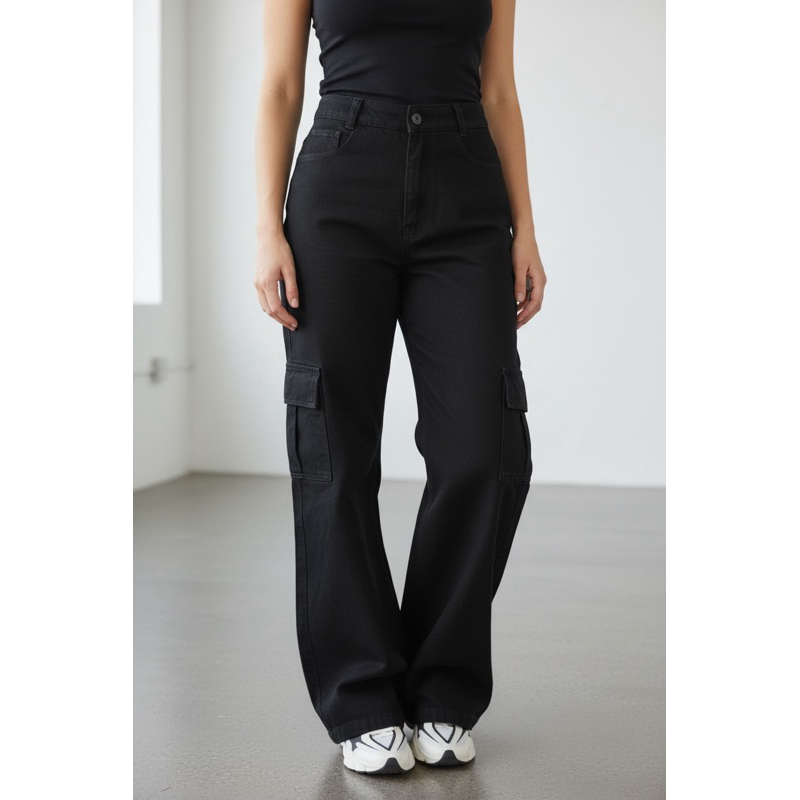 calça jeans cargo feminina cintura alta empina bumbum super tendência vários cores disponíveis em Oferta na Shopee