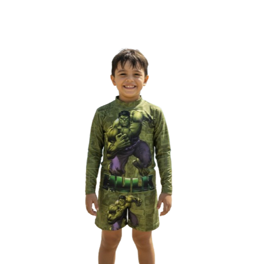 Conjunto Fantasia Moda De Praia Hullk Menino Sunga+camisa UV Proteção Solar Infantil