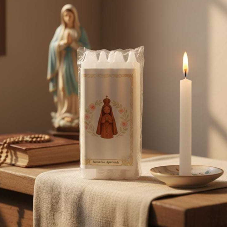 Pacote com 8 Velas Tamanho 4 - 12g cada | 14 cm (4cm de Circunferência) | Nossa Senhora Aparecida