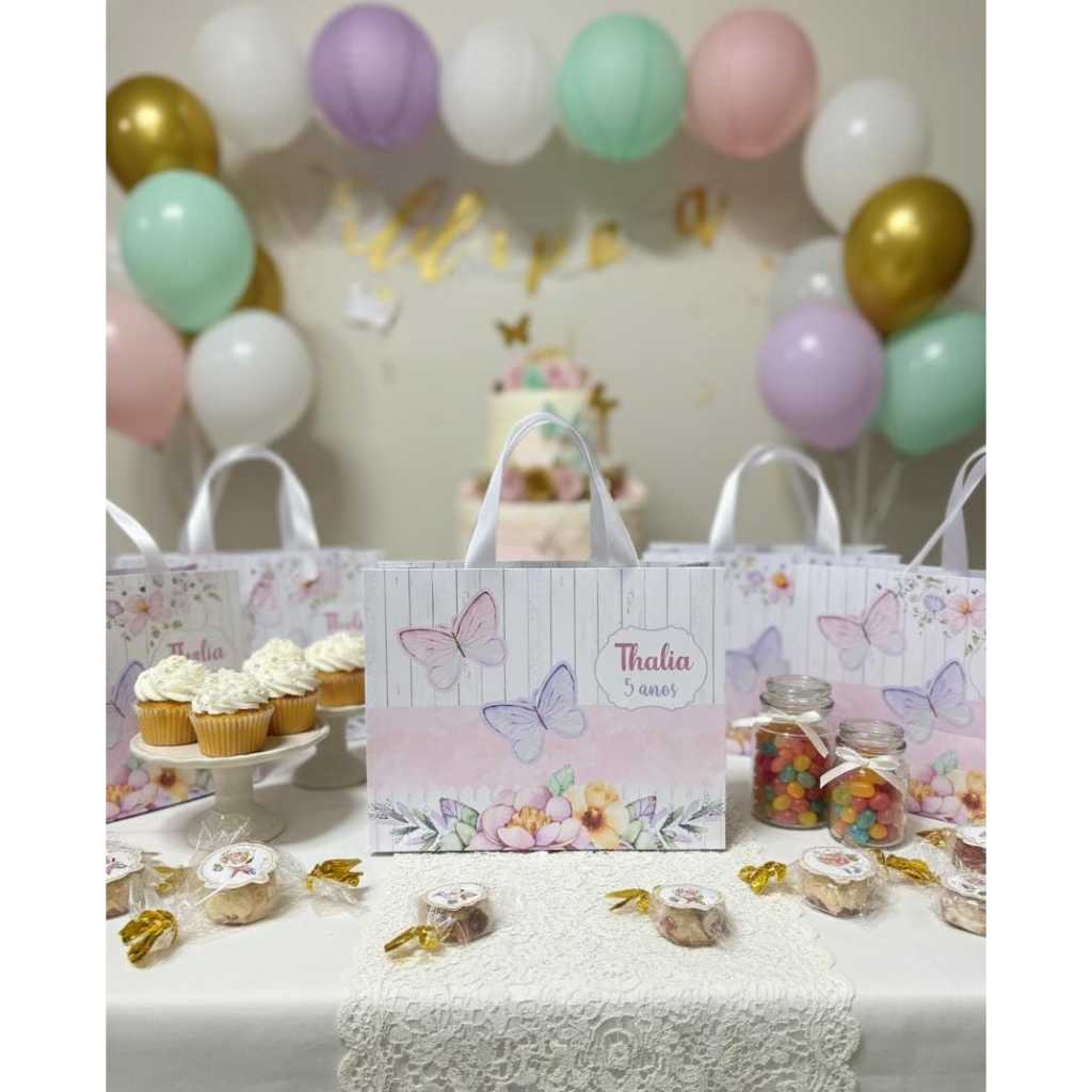 Sacolinha Personalizada Jardim Encantado das Borboletas - Kit Lembrancinha Luxo Menina Pegue e Monte - Nome e Idade