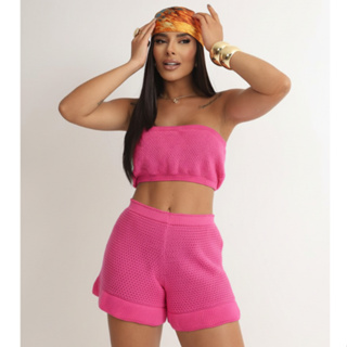 Saída de Praia Conjunto 2 peças mini curta Short Top Faixa Tricot ponto crochê detalhes Babado em Oferta na Shopee