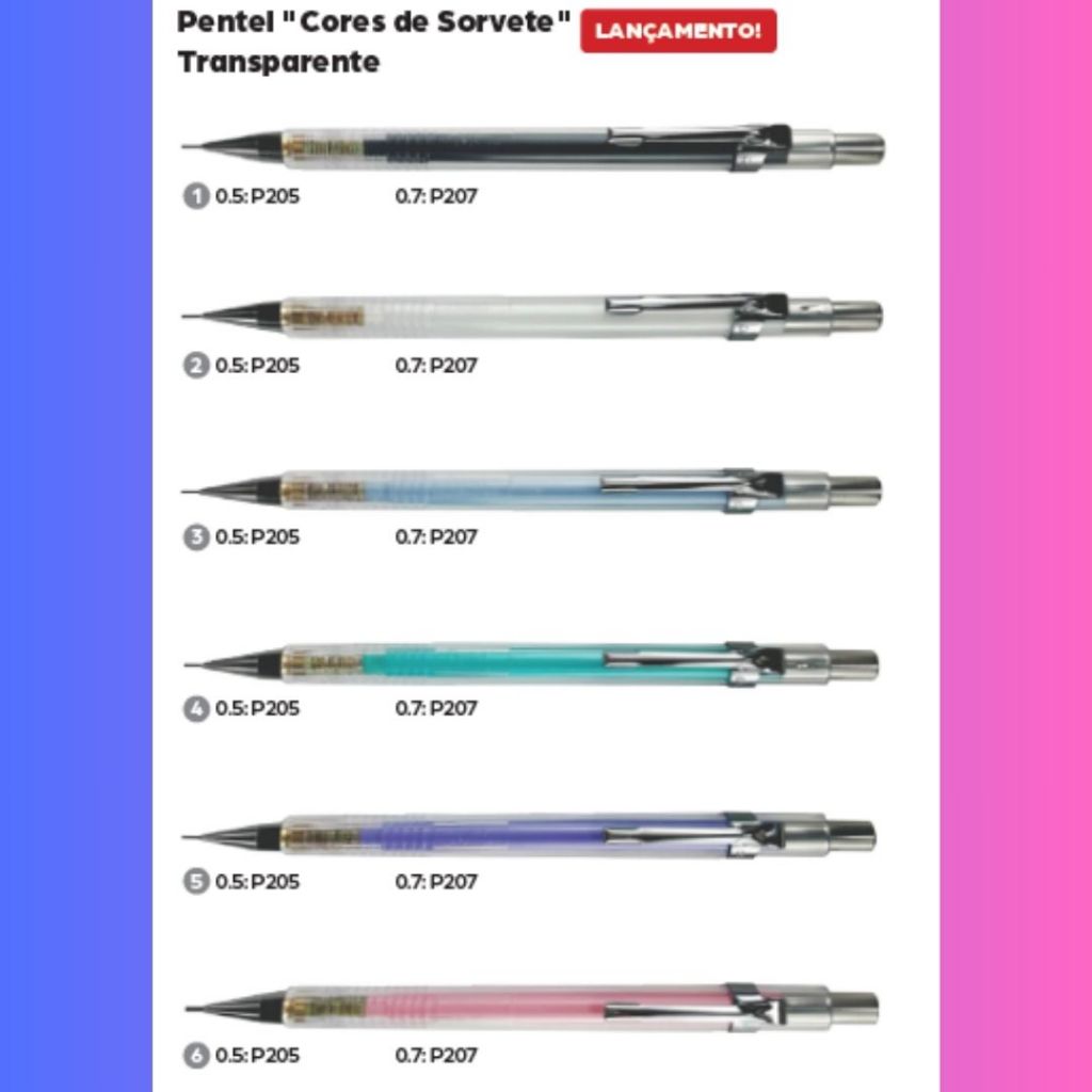 Lapiseira Técnica 0.3 0.5 0.7 0.9 Pentel SORVETE P200 super lançamento P205T e P207T
