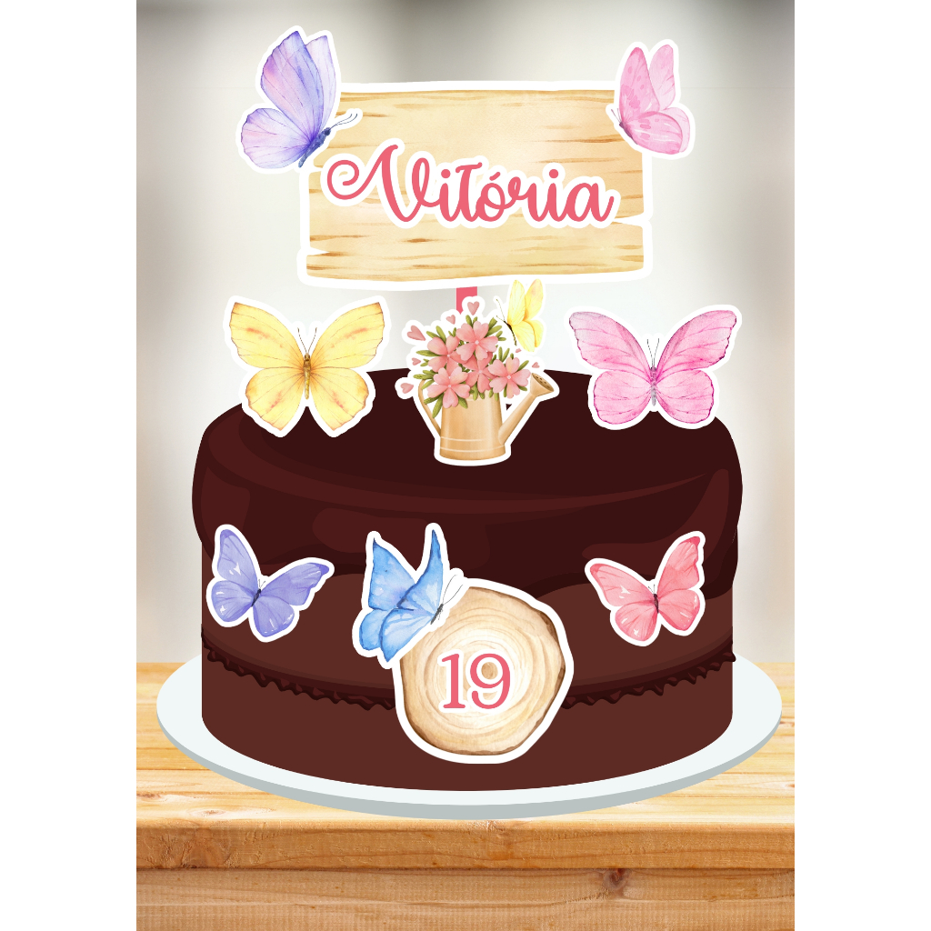 Topo de Bolo Borboletas Aquarela Personalizado | Jardim Encantado Vários Tons | Kit Festa Floral Butterfly Borboletinhas
