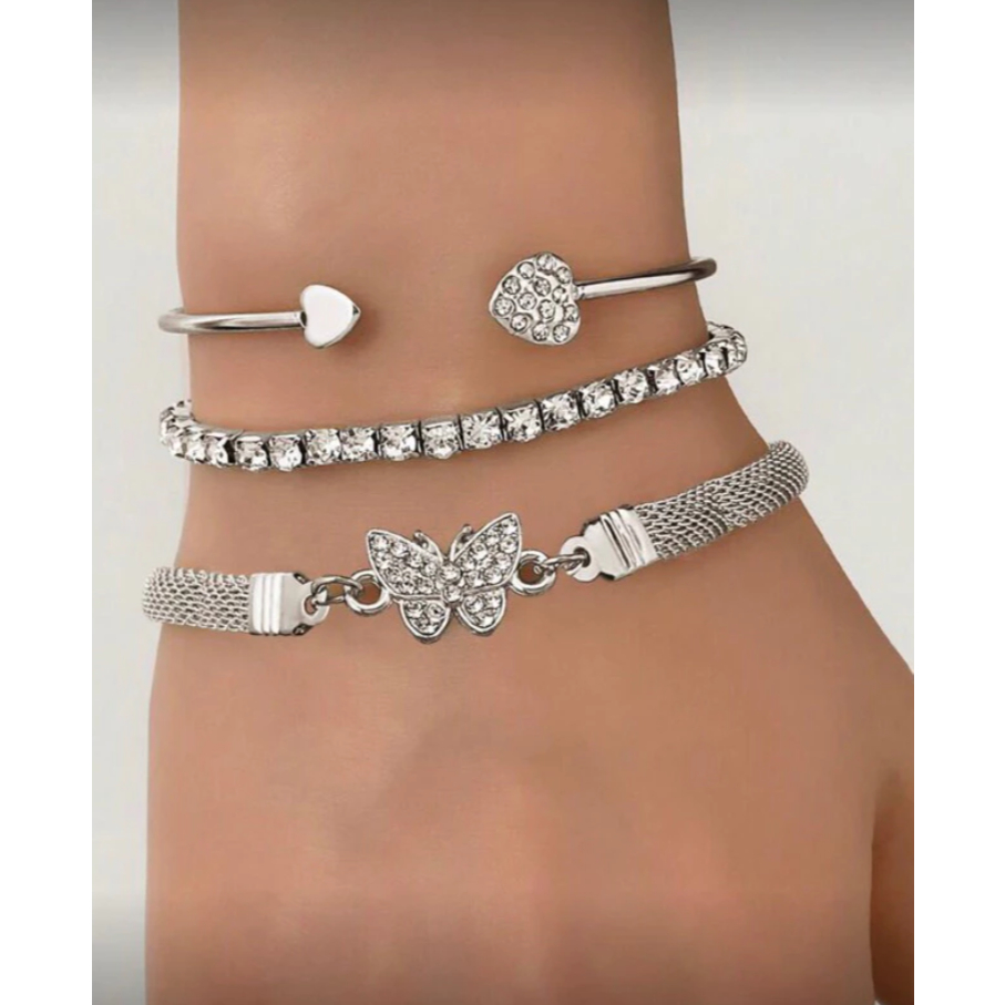 Conjunto com 3 Pulseiras Femininas – Braceletes com Pedrinhas Borboleta Coração, Estilo Minimalista