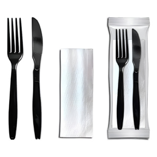 100 KITS TALHER GARFO FACA E GUARDANAPO PRETO EMBALADO em Oferta na Shopee