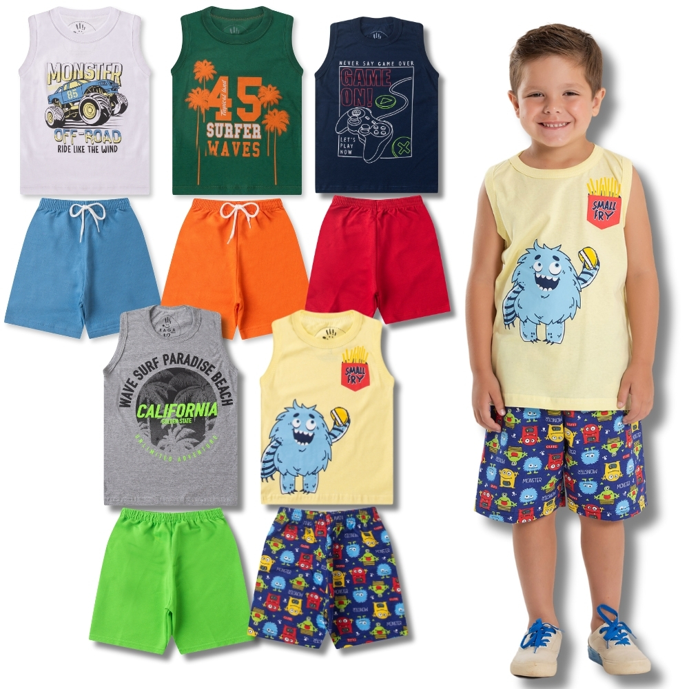 Kit 6 Peças 3 Regatas + 3 Bermudas Conjunto Infantil Juvenil Masculino/Menino Verão Tam 1 ao 14