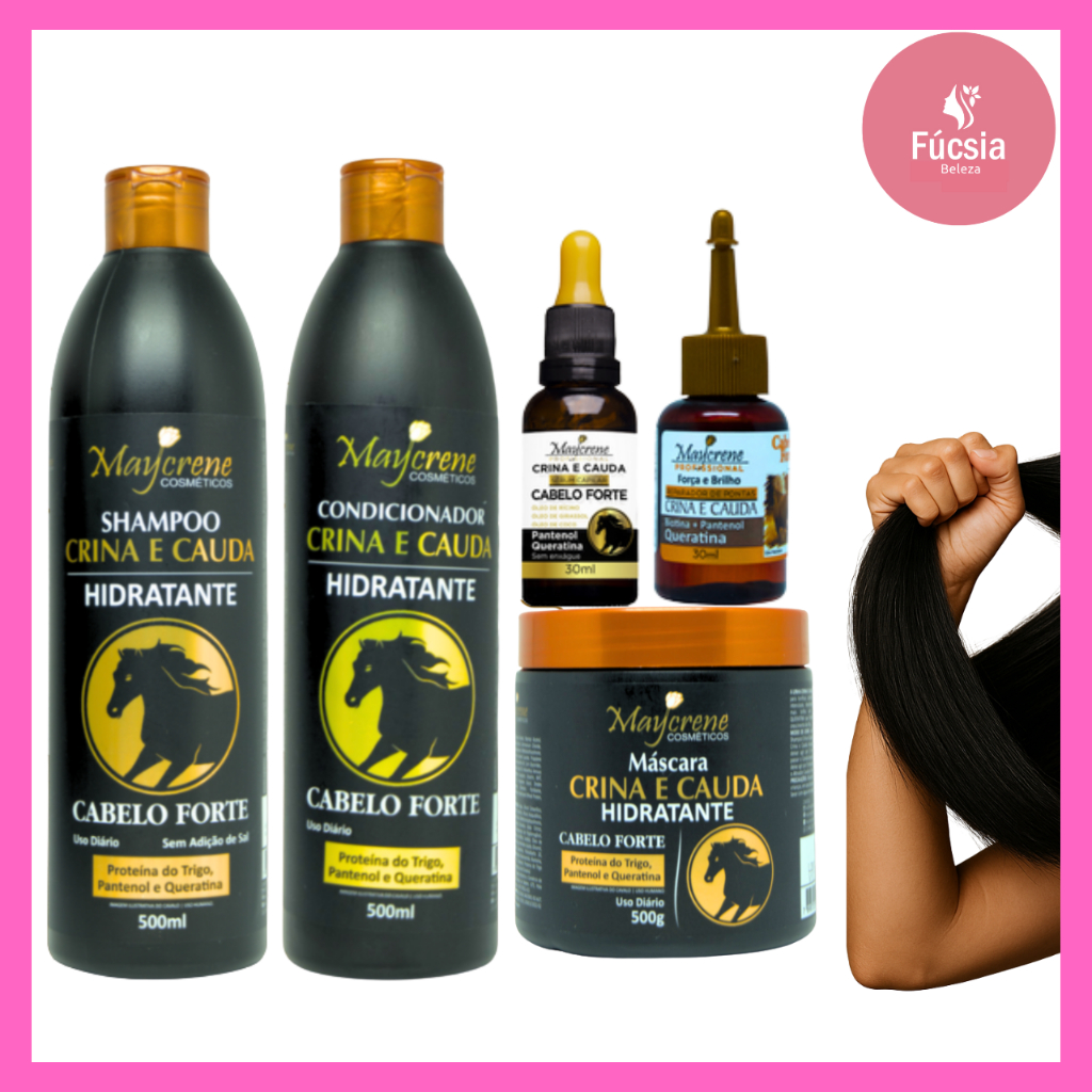 Kit Cavalo - Crina e Cauda - Maycrene 5 itens Anti Queda Brilho Força Crescimento Beleza Frizz