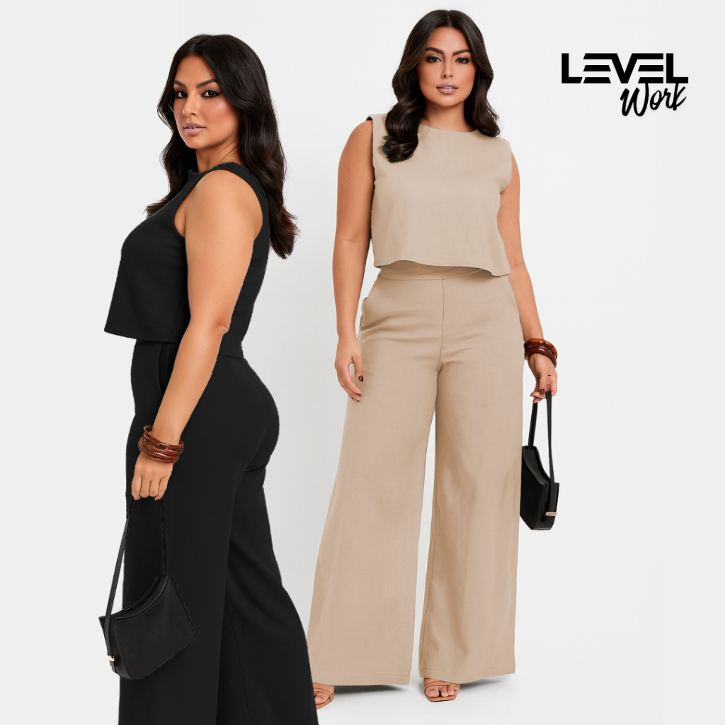 Conjunto Feminino Alfaiataria Calça Pantalona e Camisa Social Confortável Wideleg Premium em Oferta na Shopee