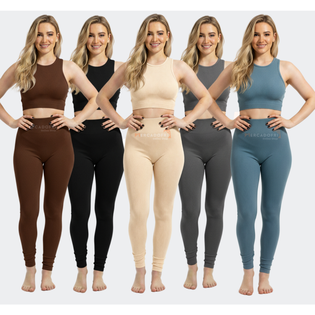 Conjunto Feminino Fitness Canelado Calça Legging e Top Cropped Tecido Premium Zero Transparencia