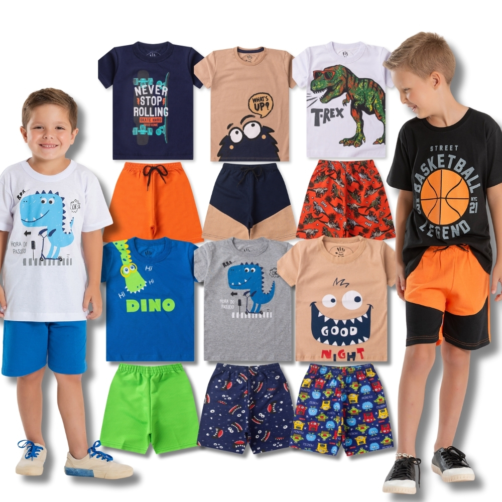 Kit Sortidos 10 Peças 5 Camisetas + 5 Bermudas Infantil Juvenil Masculino/Menino Tamanhos 1 ao 14